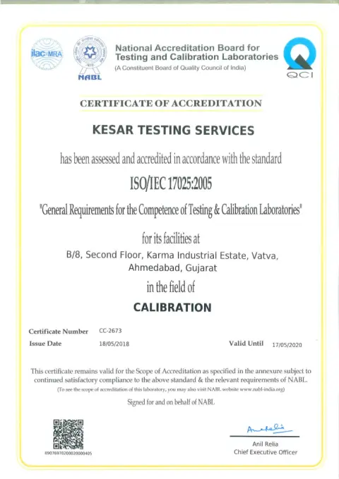 NABL certificate CC-2673, 2018 – 2020