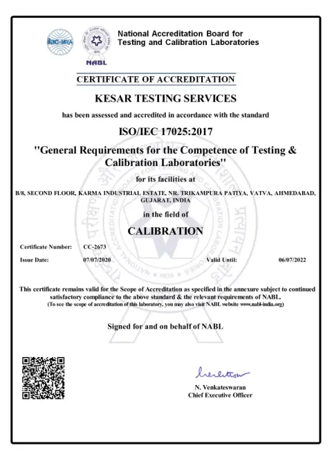 NABL certificate CC-2673, 2020 – 2022