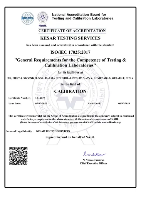 NABL certificate CC-2673, 2022 – 2024